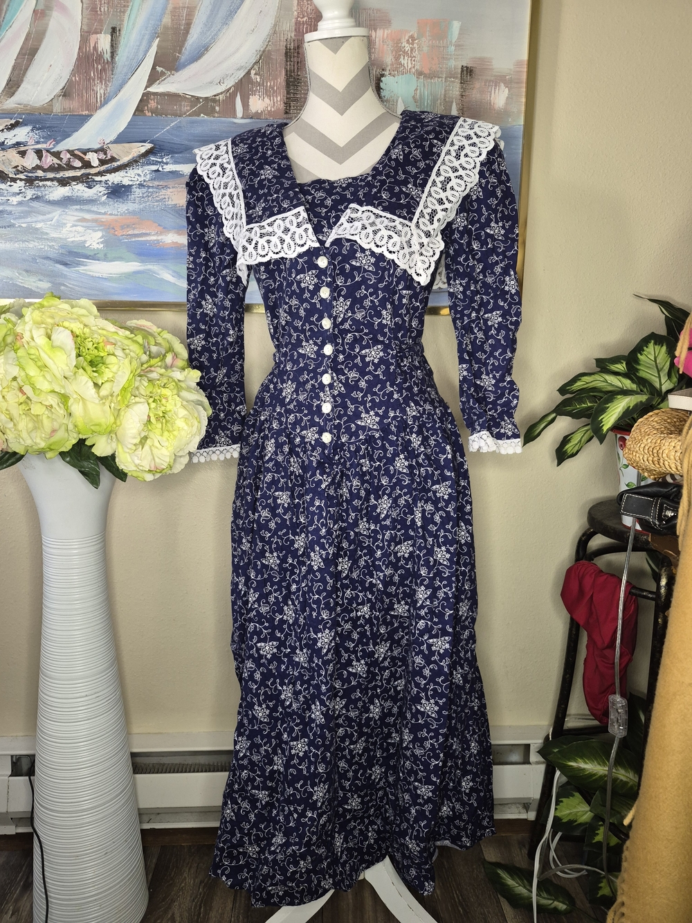 Vintage Navy Floral Lace-Trim Button-Front Midi Dress